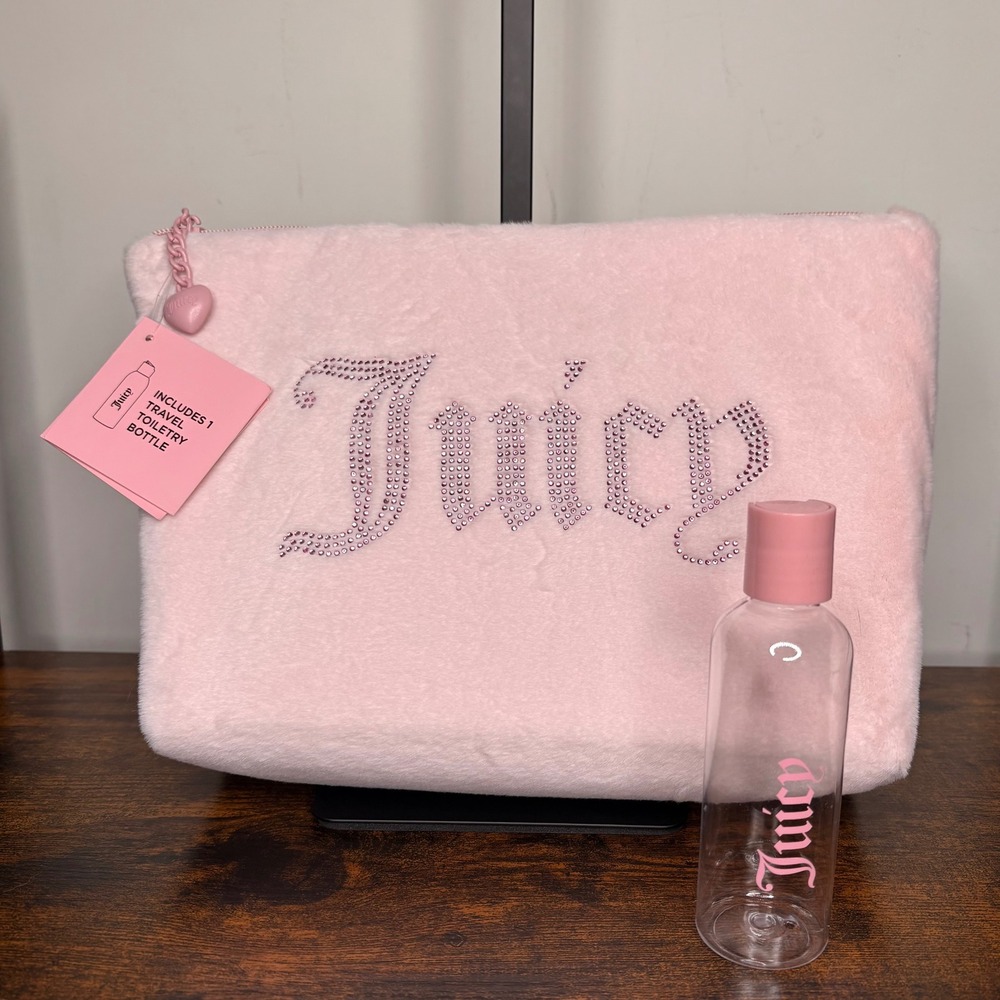Juicy Couture Pink Faux Fur Rhinestone‎ Makeup Bag Clutch with Toiletry Bottle